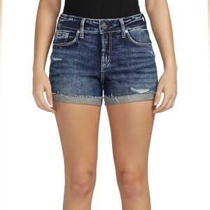 Silver Jeans Co. Suki Mid Rise Denim Shorts, Distressed Dark Indigo, 33 US